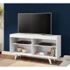 58 Inch Handcrafted Wood TV Media Entertainment Center Console, 4 Open Compartments, Angled Legs, White